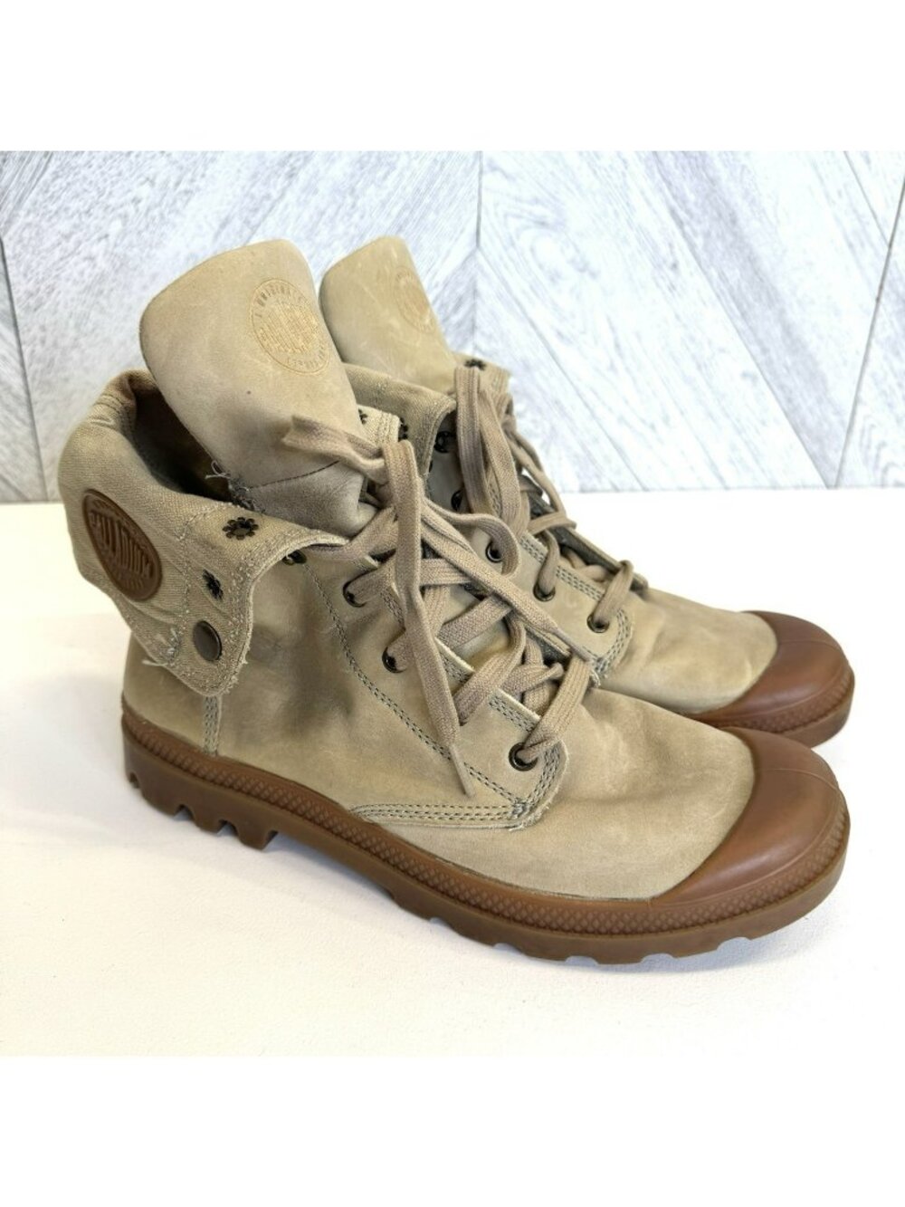Palladium Tan Leather Lace-Up Combat Fold Over Ankle Boots Mens US 10 UK 9 EU 43